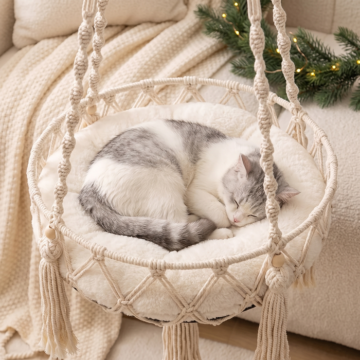 Cat asleep on the plush cushion in the basket