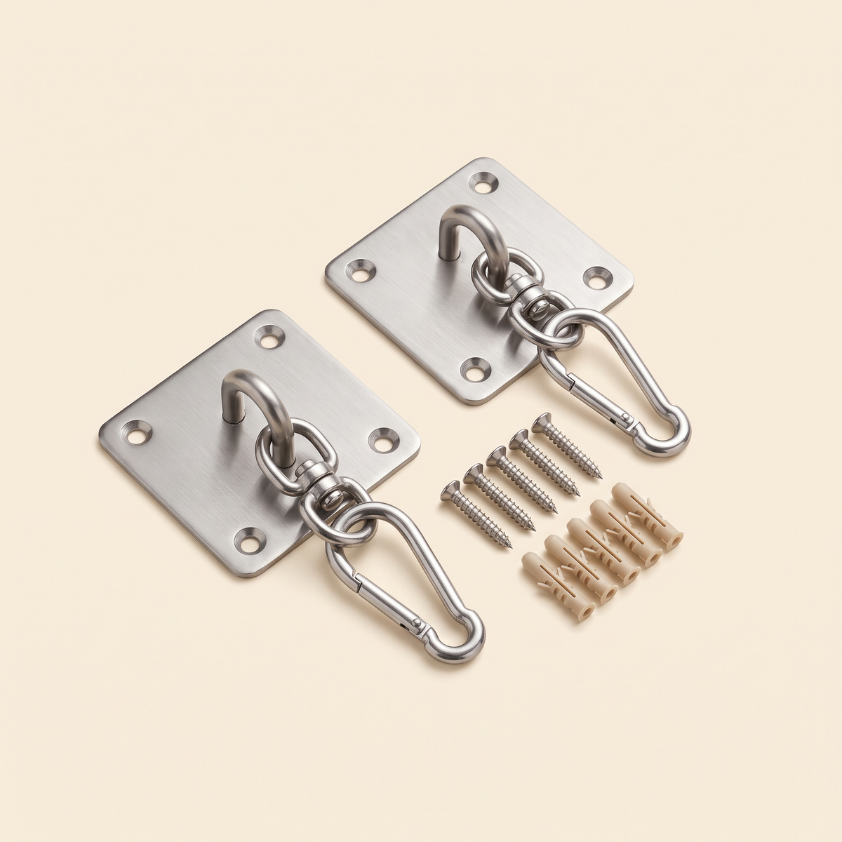 Ceiling Hook Kit: two stainless hook plates with carabiners, screws and anchors