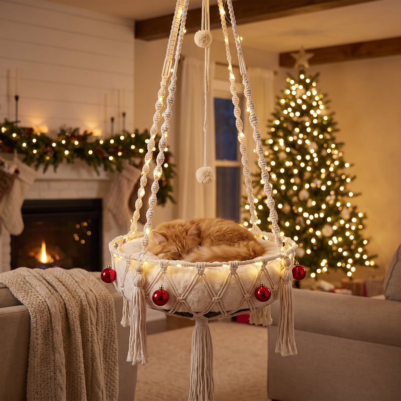 Purrcradle Christmas Edition with fairy lights and red ornaments