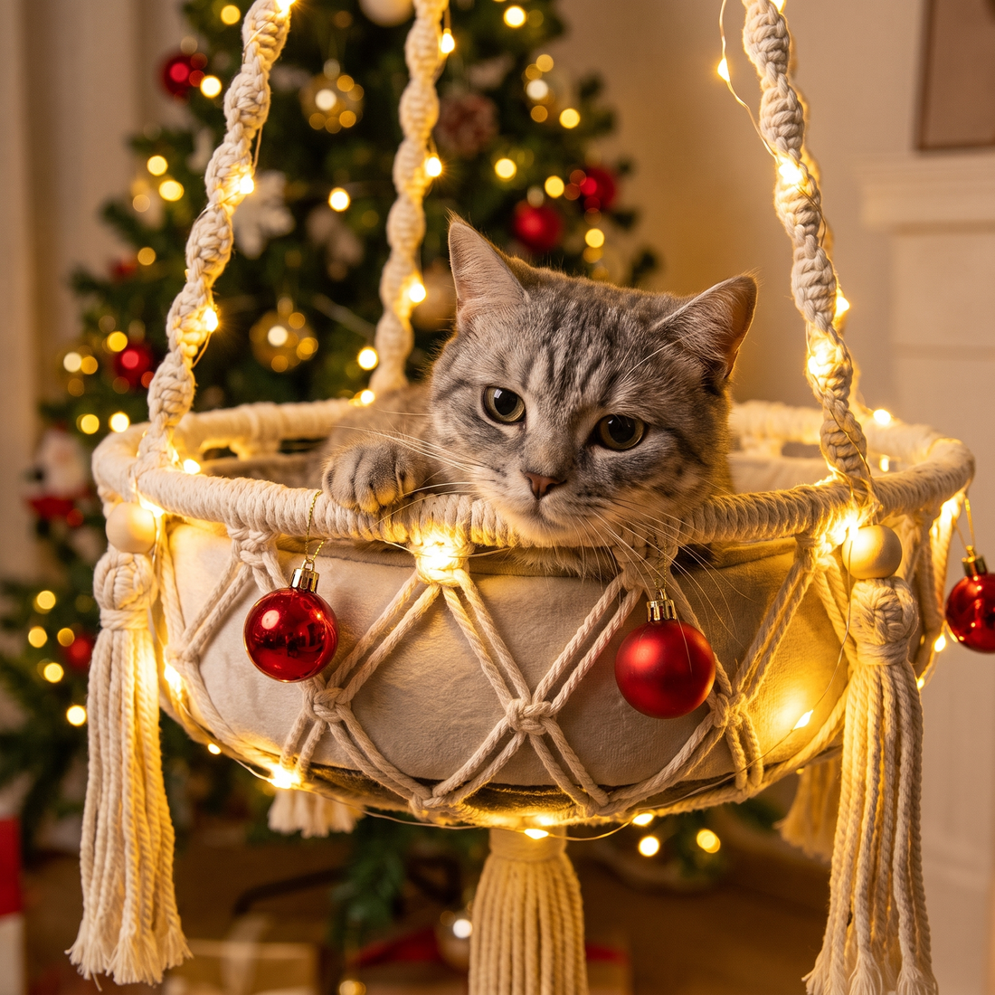Cat peeking over the rim of the Purrcradle Christmas Edition