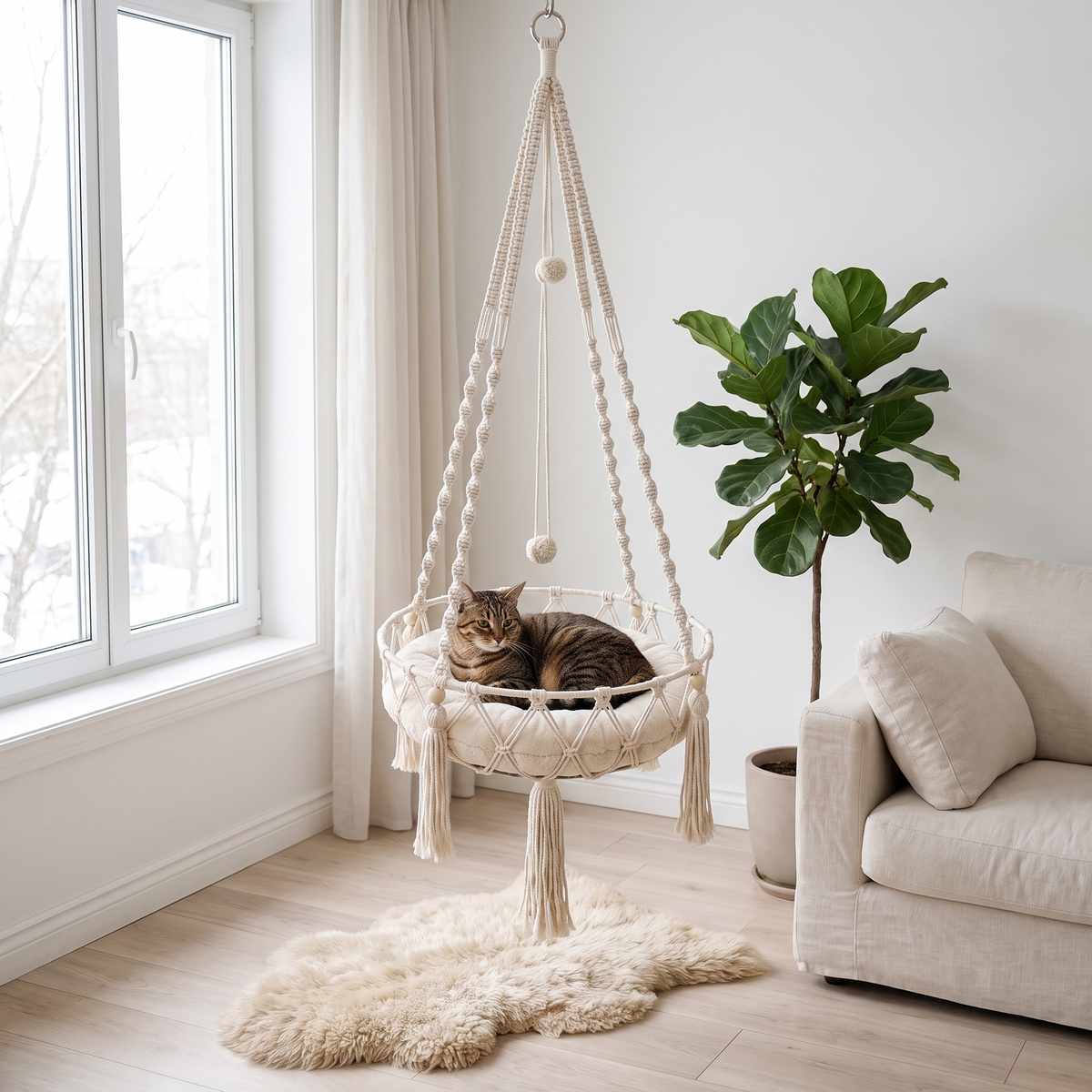 Purrcradle Classic handwoven macrame hanging cat bed by a bright window with a tabby cat inside