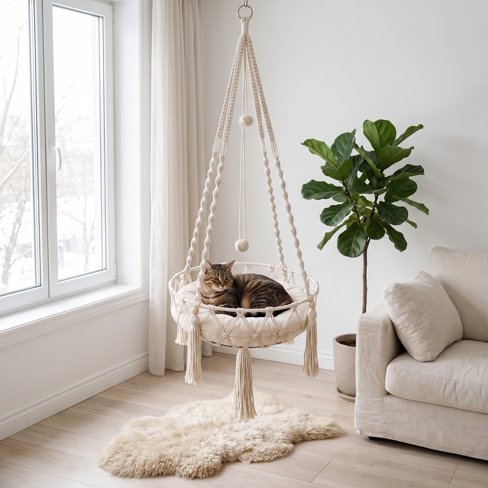 Cat lounging in the Purrcradle by a window