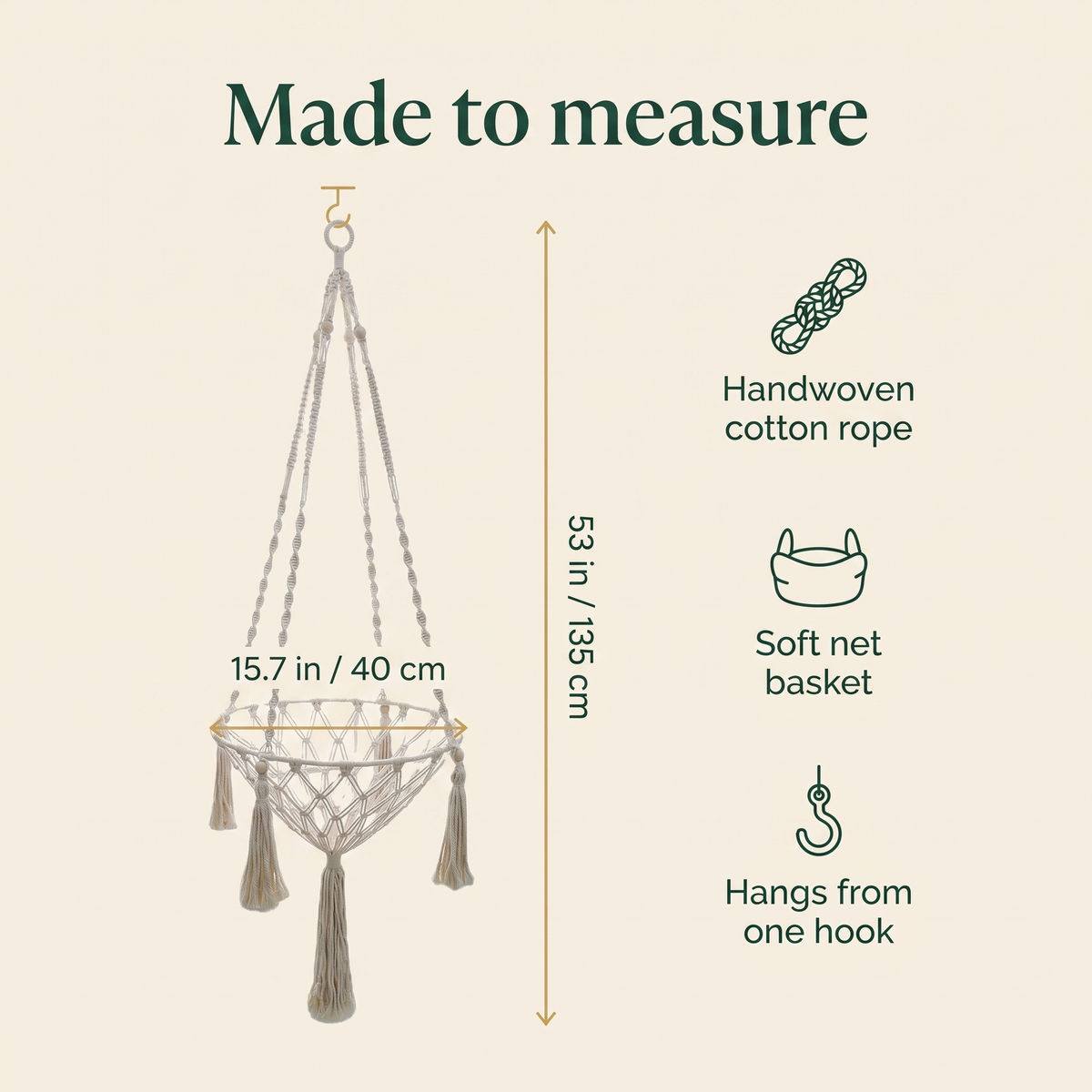 Purrcradle size: 15.7 in basket, 53 in total length, handwoven cotton rope