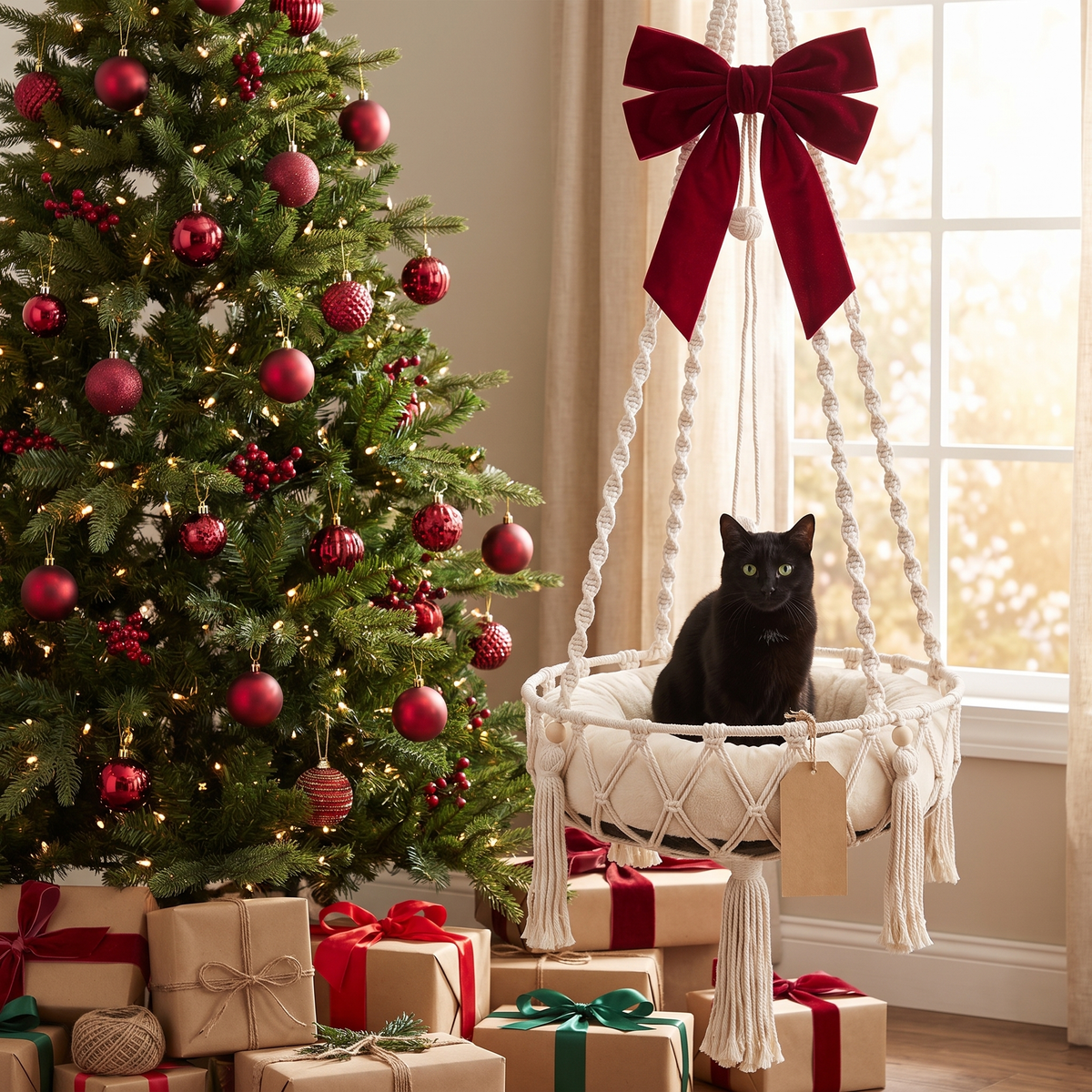 Purrcradle with a red bow beside a Christmas tree and presents, a black cat sitting inside
