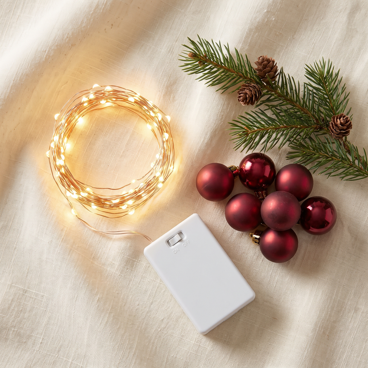 Christmas Glow Kit: warm white battery fairy lights and red mini ornaments