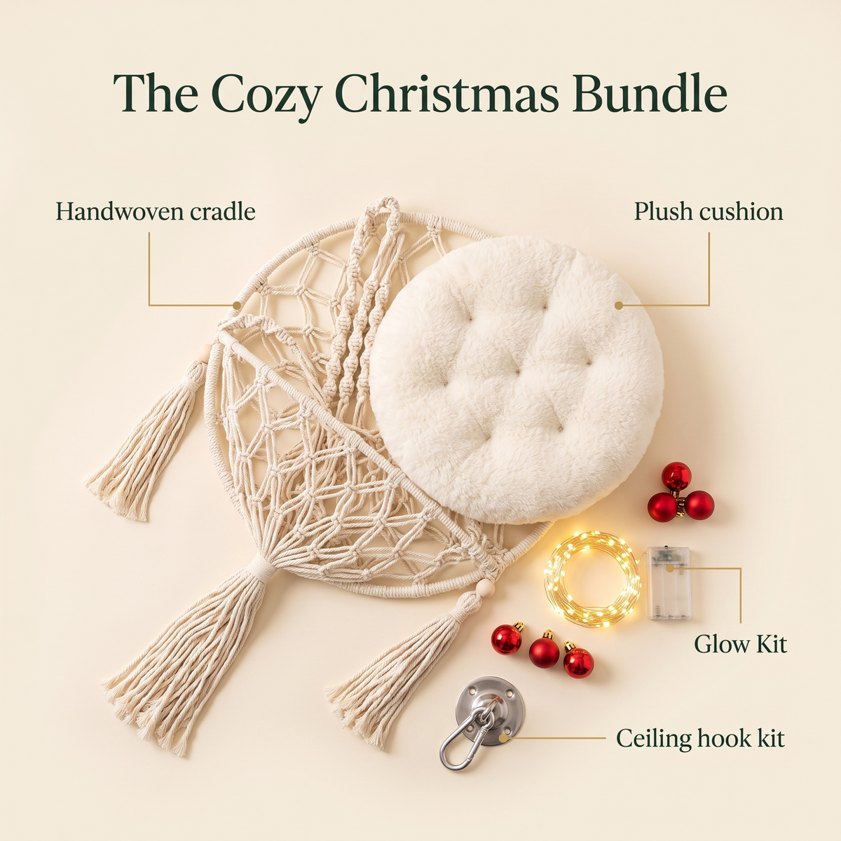 The Cozy Christmas Bundle: handwoven cradle, plush cushion, Glow Kit and ceiling hook kit